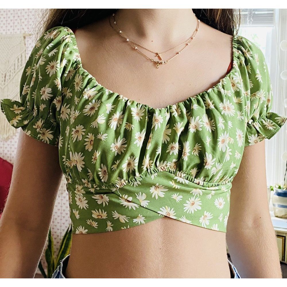 LYANER Women's‎ XS Ruffle Short Sleeve Tie Up Back Crop Top New Green Floral
